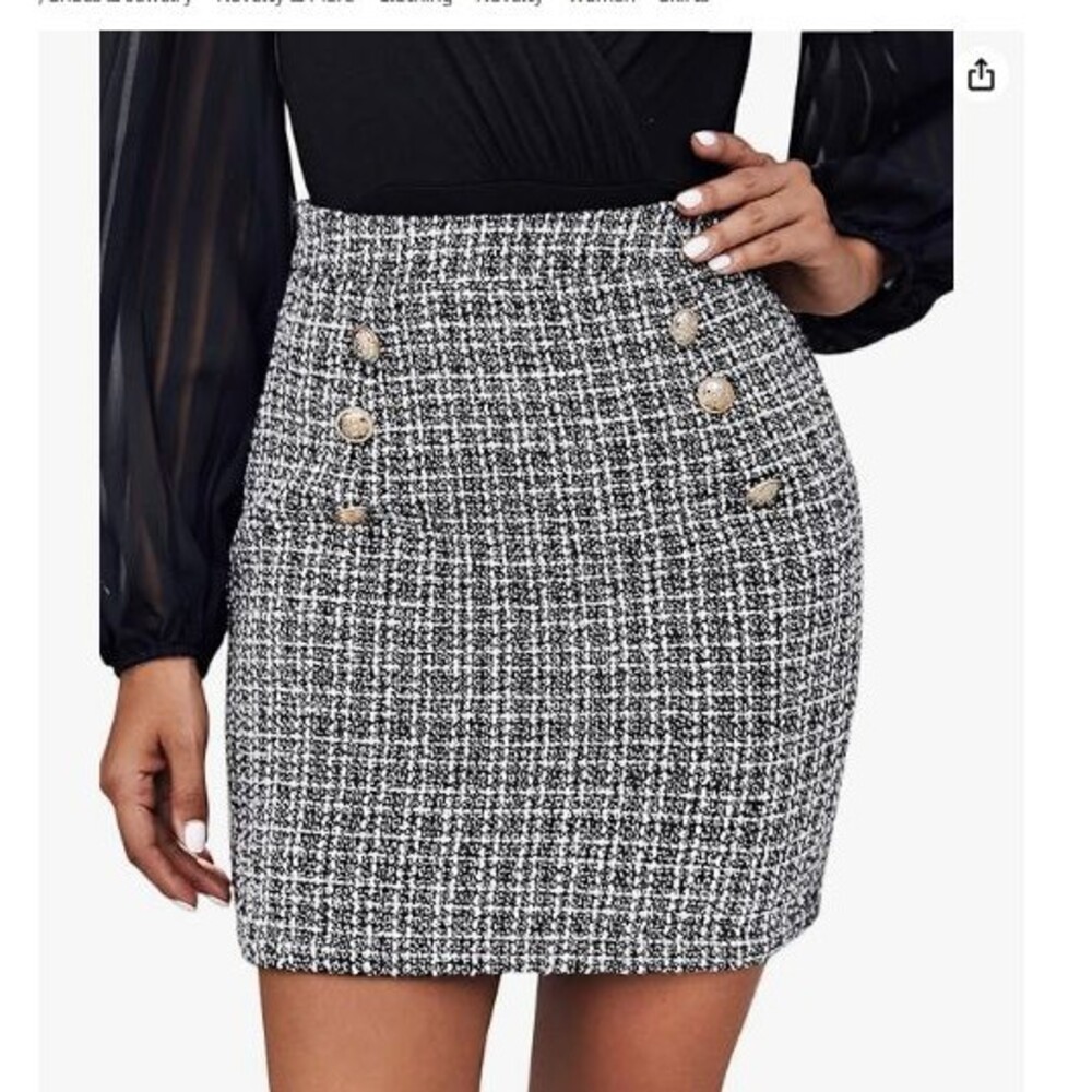 Women's Elegant Mini Skirt High Waist XS A-line Plaid Tweed Gray